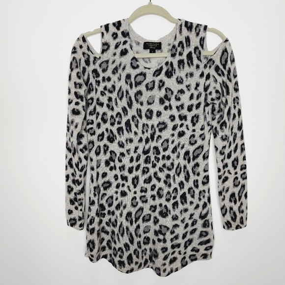 Charter Club 100% Cashmere Cold Shoulder Sweater Animal Leppard Print Small Gray - Picture 4 of 10